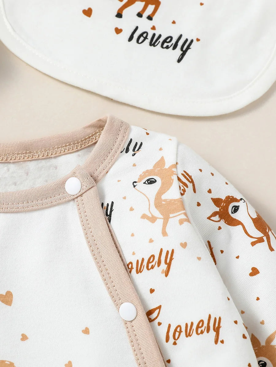 4PCS Baby unisex Long Sleeve Round Neck Animal Print With Button Casual Jumpsuit +Bib+Hat+Gloves