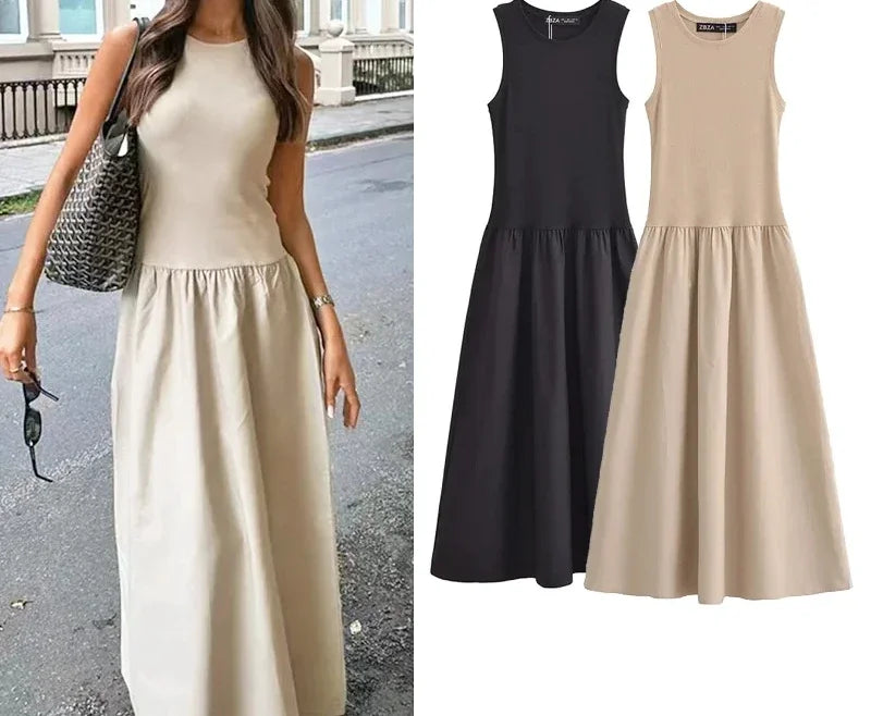 Khaki Elegant Long Dresses 2025 Women's Spring Sleeveless Black Dresses Fashion Casual Party Dress Vestidos For Female