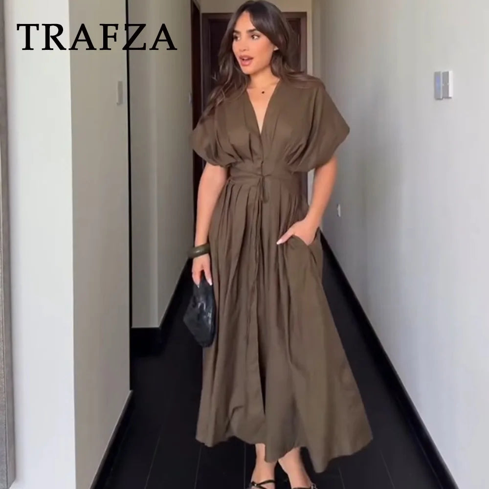 TRAFZA 2025 Spring Summer Vintage Women Dresses Fashion Single Breasted Sashes Draped V Neck Sleeveless Solid Ladies Dresses
