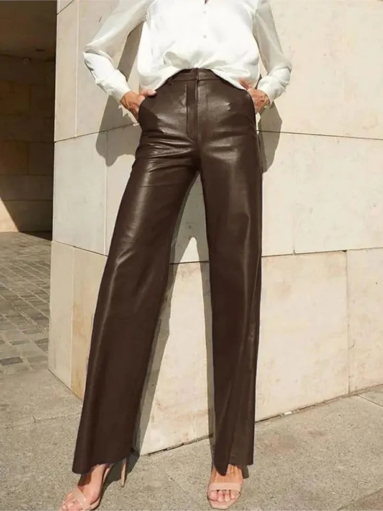 Fashion Solid Color PU Leather Pants Women 2025 New Trendy Lady Commuting Clothing High Waist Straight Trousers Women's Pants