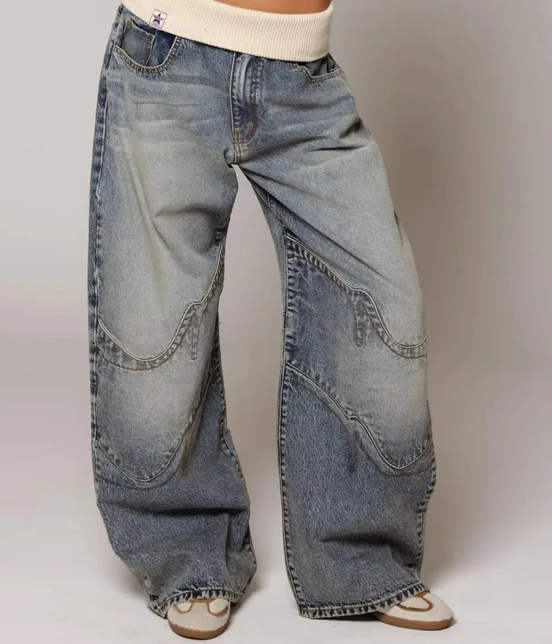 Y2K Hip-hop Stitching Fashion Joker Retro Jeans Female Korean Casual Simple Dress Essential Wide-leg Pants Loose Joker Overalls
