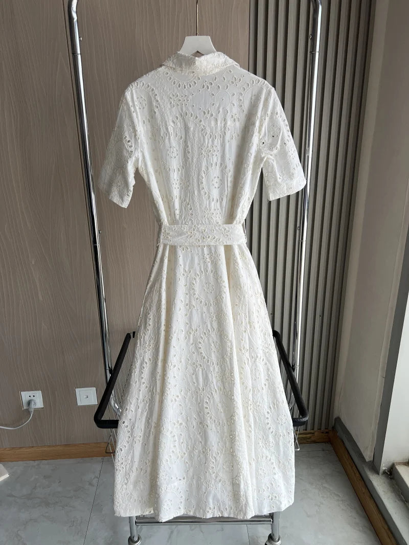 ETJ 2025 new TRAF women's elegant fashion hollow embroidery cotton shirt lapel short-sleeved dress temperament long skirt