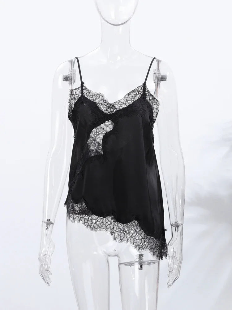 Y2K Sleeveless Backless Women Tank Tops Fashion Summer Lace Satin Patchwork Camisole Vest Chic New Evening Party Lady Top Street