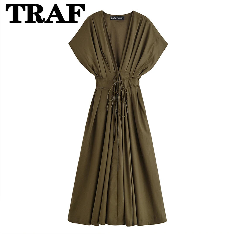 TRAF Vintage Casual Chic Pleated Lace Up Dress Women Fashion Short Sleeve Slim Long Dresses Female Summer Holiday Party Dress