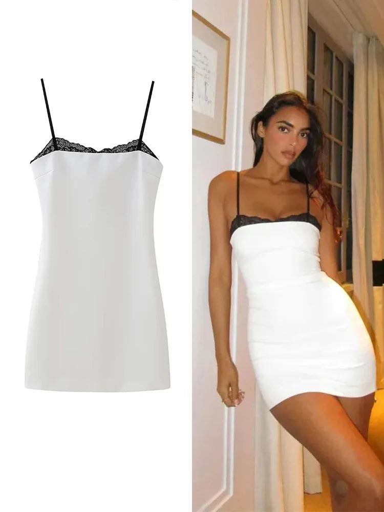 TRAFZA Women Sexy Lace Splicing Dress Fashion Slim Strapless Spaghetti Straps Mini Dresses Evening Party Sexy Short Dresses