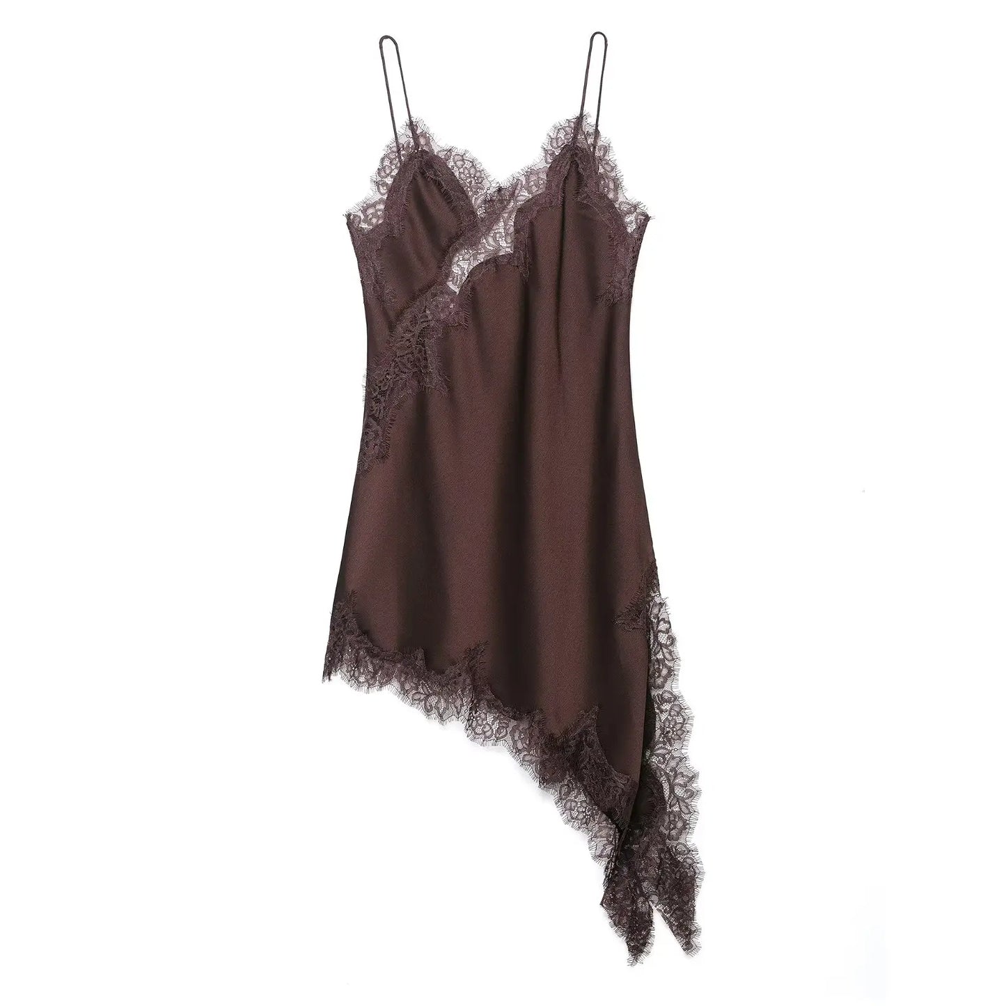 TRAFZA Sexy Chic Brown Lace Women Dress V Neck Cami Backless Party Dress Fashion 2025 Summer Fall Y2K Girl Evening Club Dress