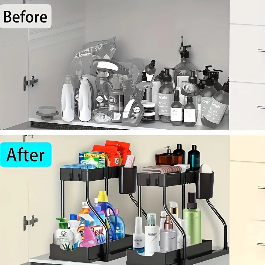 Space Saving 2 Tier Pull Out Storage Box Durable Large Capacity Kitchen Bathroom Essential Drawer Organizer