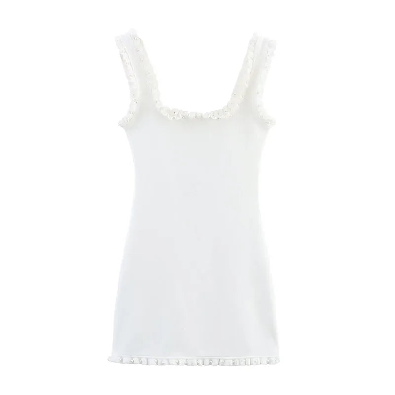 TRAFZA Female Summer Sexy Slim Dress 2 Color Solid Square Collar Sleeveless Backless Flower Decoration Women's Fashion Dresses