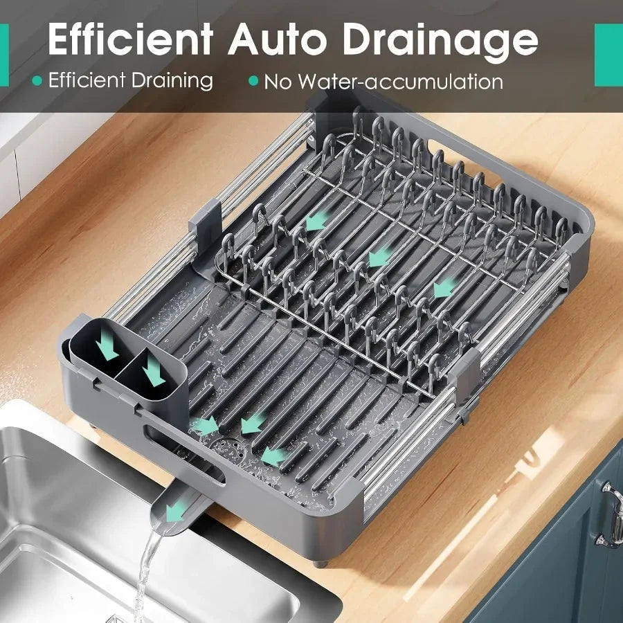Dish Drying Rack for Kitchen Counter Extendable Dish Rack with Drainboard Expandable Dish Drainer Collapsible Dish Strainer wit
