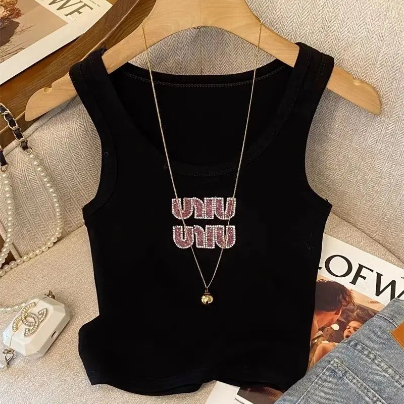 Women Summer Fashion Letter Diamonds Solid Color Slim Knitting Tank Top Ladies Simplicity Office Lady All-match Sleeveless Tops