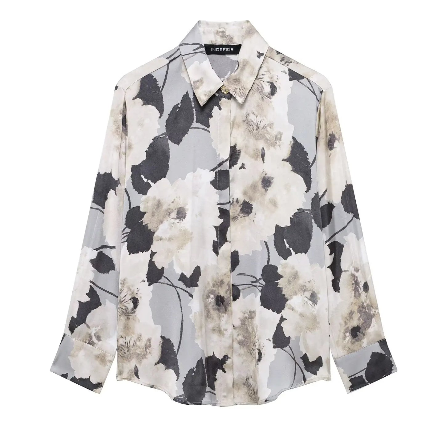 TRAFZA Women 2025 Spring Fashion Silk Satin Texture Long Sleeve Printed Shirt Button Midi Skirt Suit Female Printed Set