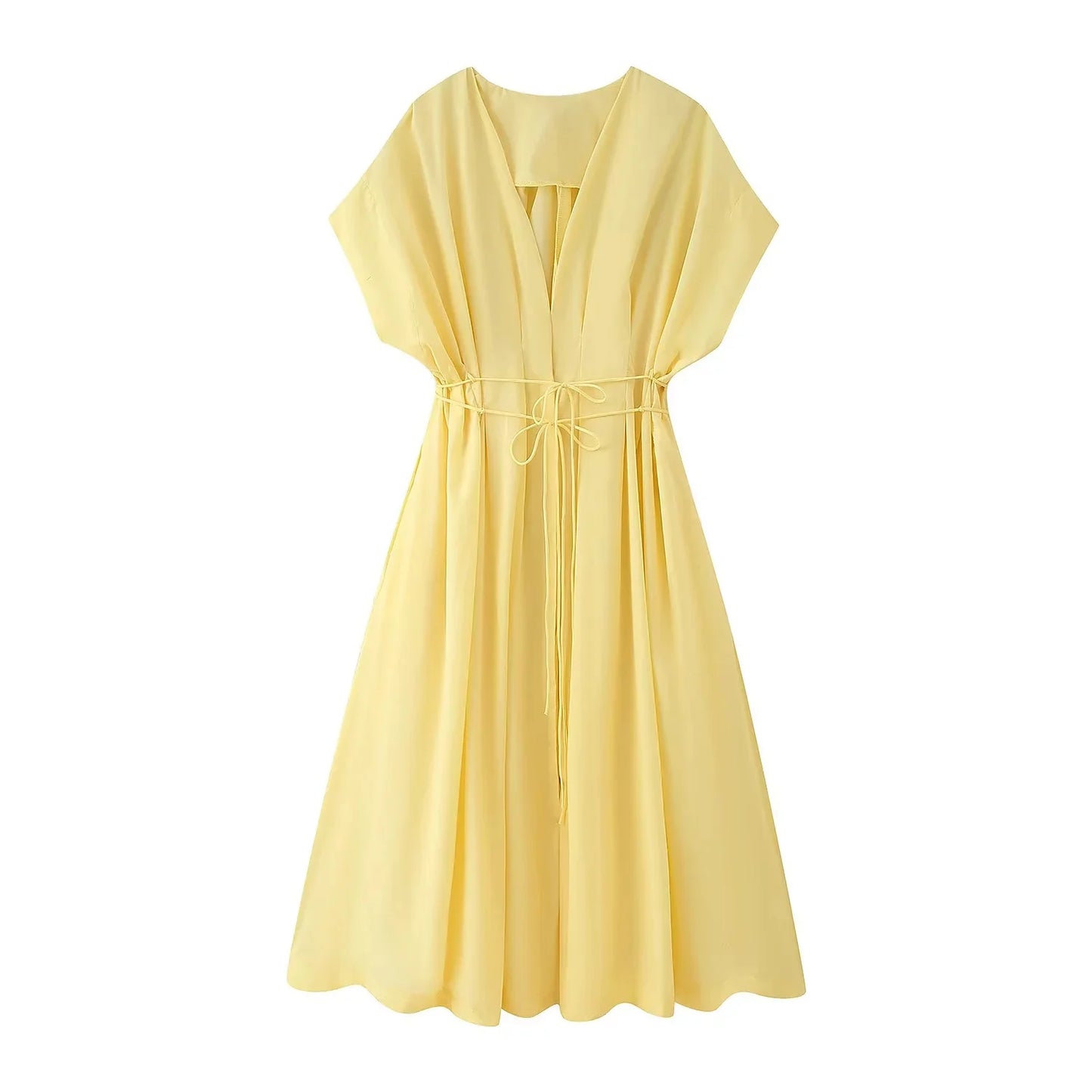 TRAFZA 2025 Spring Summer Vintage Women Dresses Fashion Single Breasted Sashes Draped V Neck Sleeveless Solid Ladies Dresses