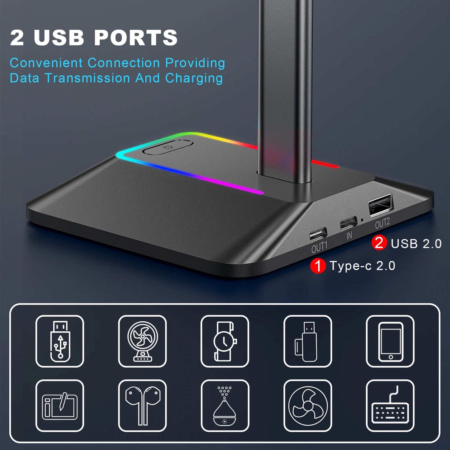 New Bee Z8 Headphones Stand RGB Gaming Holder with 2 USB Ports Desk Headset Cool Display Holder Non-Slip Rubber Base for Gamer