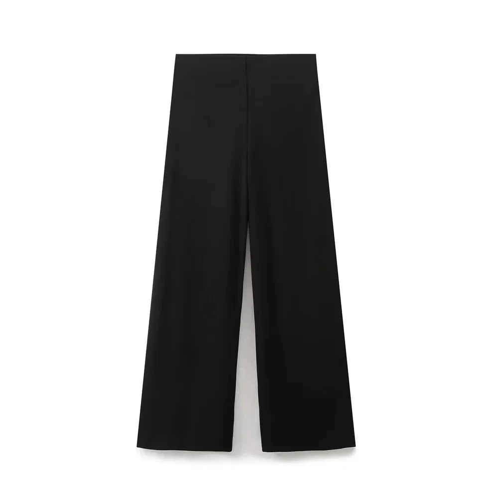 TRAFZA Women Fashion Vintage Solid Wide Leg Pants Elastic Waist Loose Casual Trousers For Woman 2024 Basic Pant