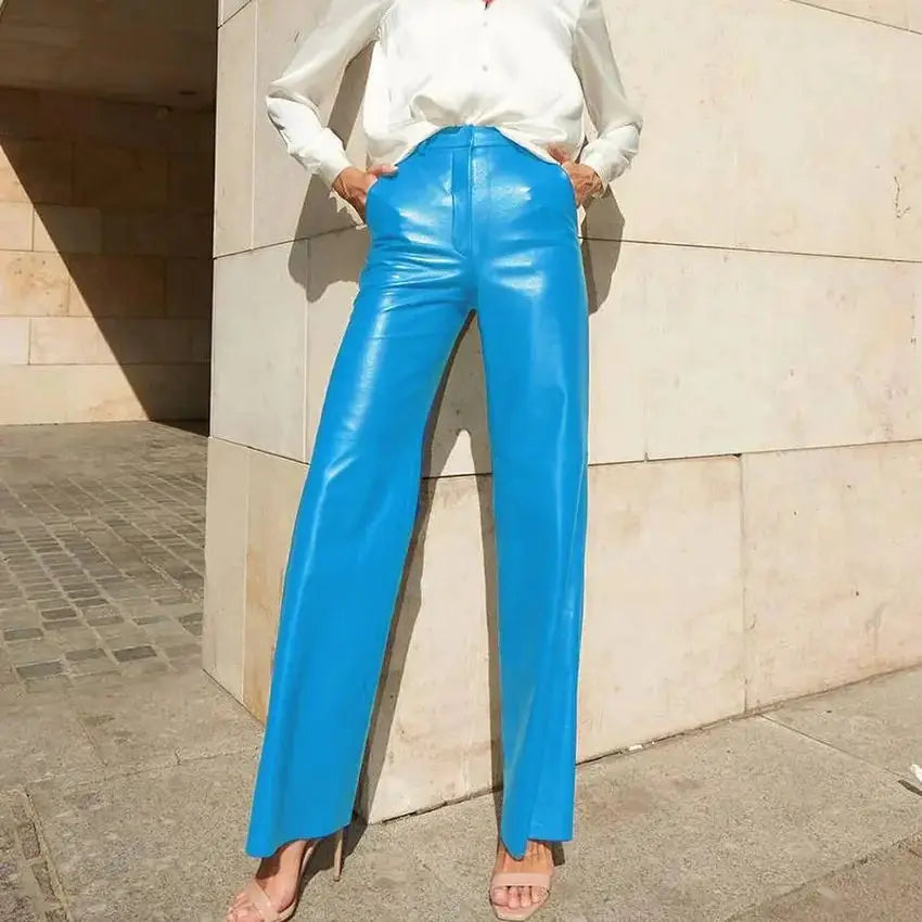 Fashion Solid Color PU Leather Pants Women 2025 New Trendy Lady Commuting Clothing High Waist Straight Trousers Women's Pants