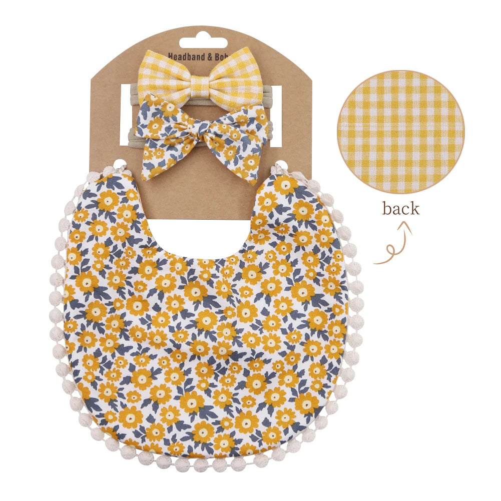 3Pcs/Set Flower Print Cotton Linen Baby Boy Girl Bibs Elastic Nylon Headband Double-Deck Saliva Towel Feeding Bandana Apron Burp