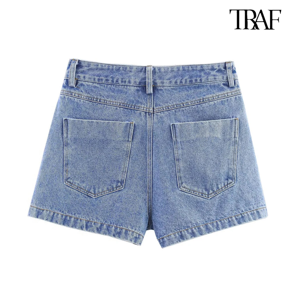 TRAF Women's Short Lapel Denim Shirt + Irregular Fashion Short Skirt Pants Vintage Casual Denim Suit Commuter High Street Suit