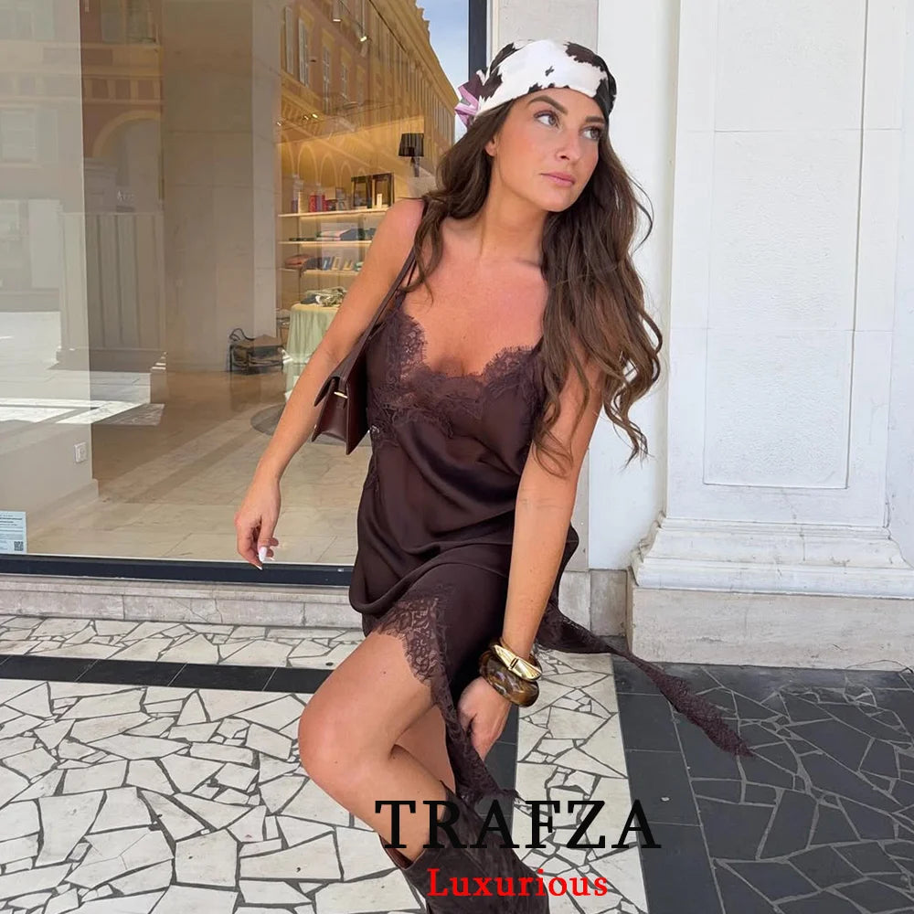 TRAFZA Sexy Chic Brown Lace Women Dress V Neck Cami Backless Party Dress Fashion 2025 Summer Fall Y2K Girl Evening Club Dress