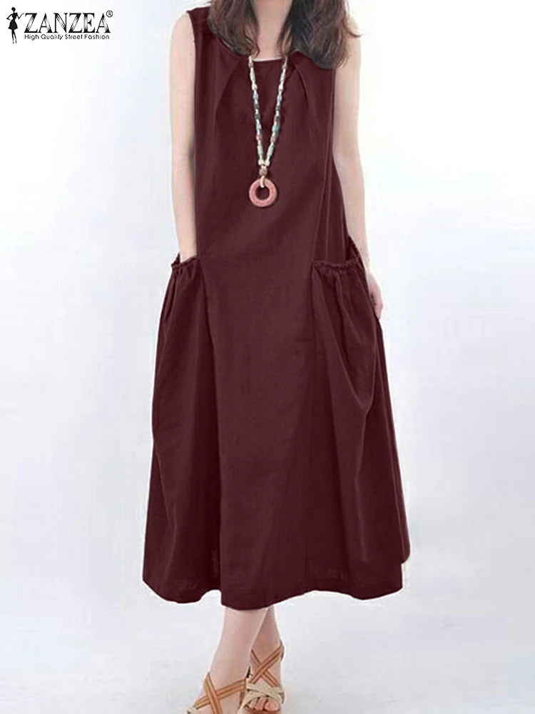 ZANZEA Summer Sleeveless Maxi Dress Women Fashion Work Holiday Sundress Casual Solid Color O-Neck Vestidos Midi Robe Oversize