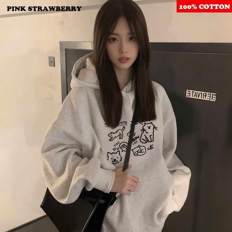 Cute Cat Print Hoodies Women Autumn Winter 2025 New Fashion Street Loose Casual Kangaroo Pouch Sweatshirt Y2K Top kawaii clothes