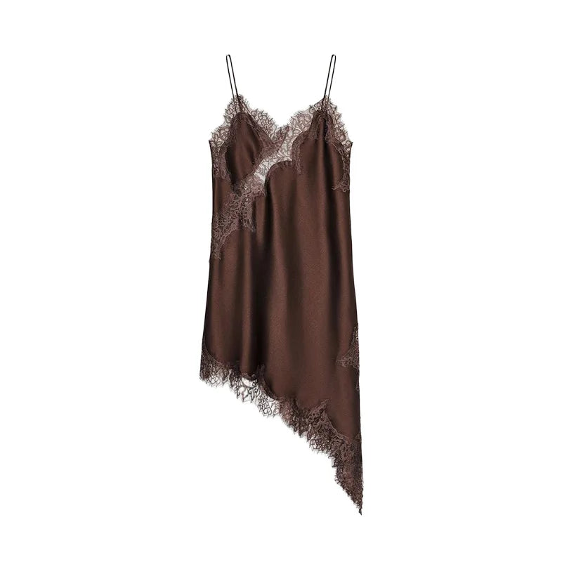 Sexy Sling Satin Dress Women V Neck Backless Patchwork Lace Vestidos Female 2025 Summer Chic Fashion Evening Party Dresses