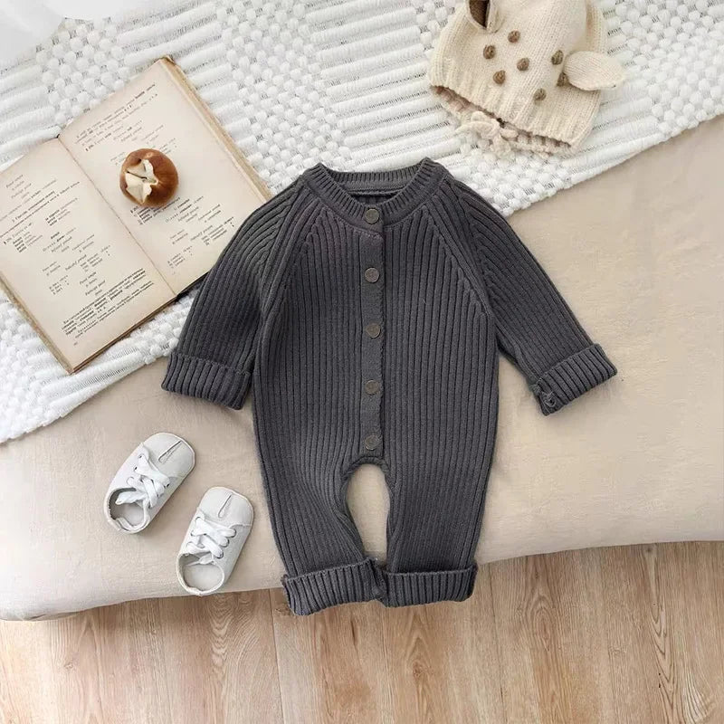 Toddler Baby Girl Boy Solid Color Knitted Romper 0-18M Baby Newborn Items Button Front Ribbed Long Sleeve Casual Autumn Jumpsuit