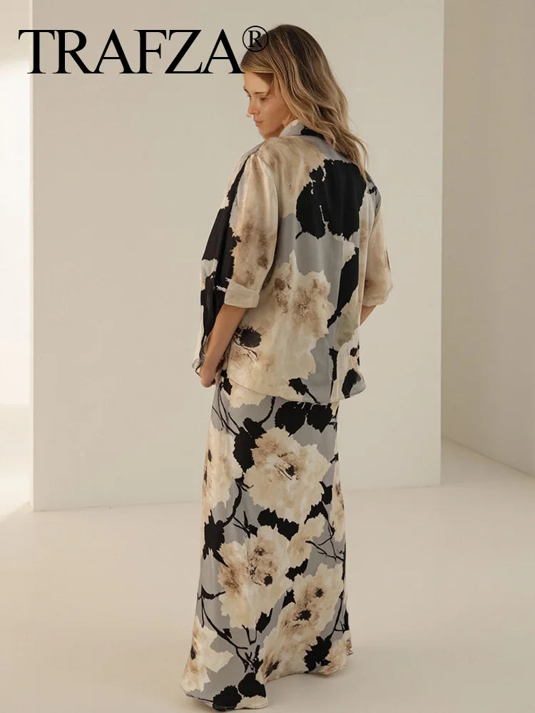 TRAFZA Women 2025 Spring Fashion Silk Satin Texture Long Sleeve Printed Shirt Button Midi Skirt Suit Female Printed Set