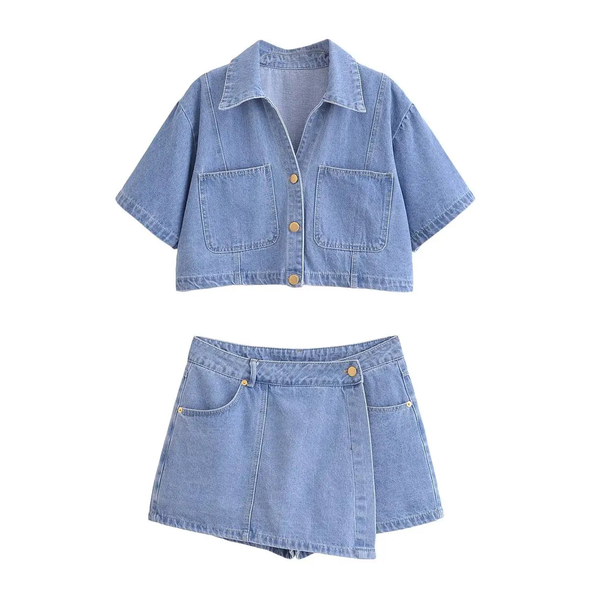 TRAF 2025 Summer Women's Casual Sets Fashion Mini Skirts Shorts Sets Denim Short Shirt Top Sets For Women Street Women Outfit