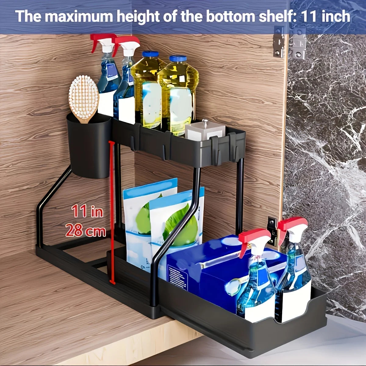 Space Saving 2 Tier Pull Out Storage Box Durable Large Capacity Kitchen Bathroom Essential Drawer Organizer
