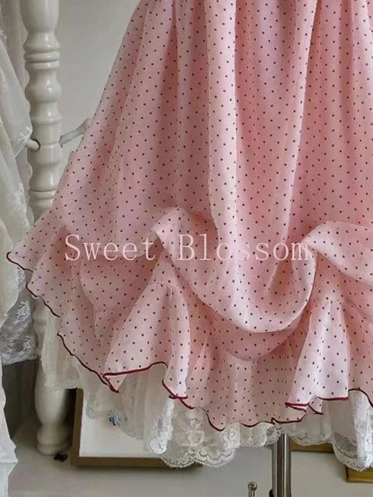 Japanese Fashion Sweet Cute 2 Piece Set Women Mini Lace Tops + Polka Dot Dress New Fit Chic Kawaii Fluffy Retro Suit Summer 2025