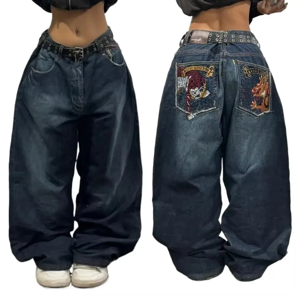 Y2K Hip-hop Stitching Fashion Joker Retro Jeans Female Korean Casual Simple Dress Essential Wide-leg Pants Loose Joker Overalls