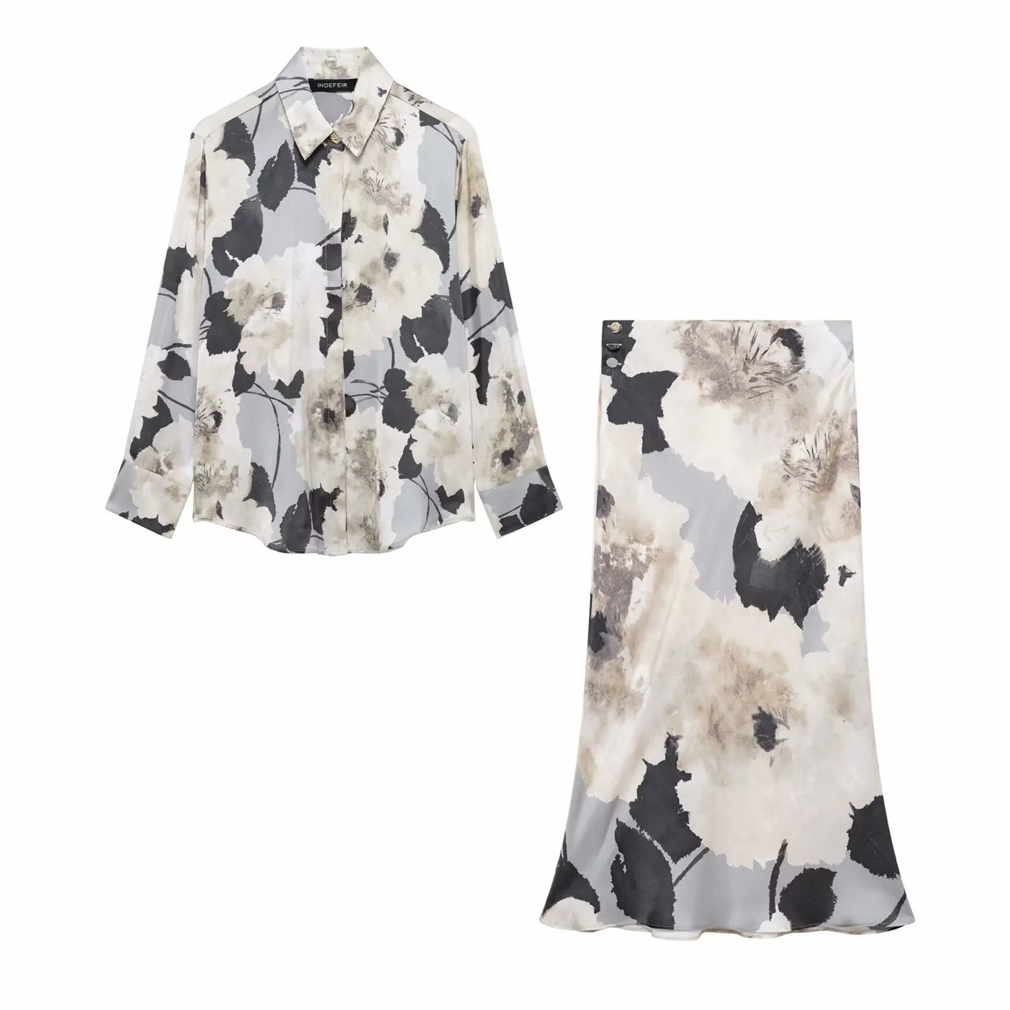 TRAFZA Women 2025 Spring Fashion Silk Satin Texture Long Sleeve Printed Shirt Button Midi Skirt Suit Female Printed Set