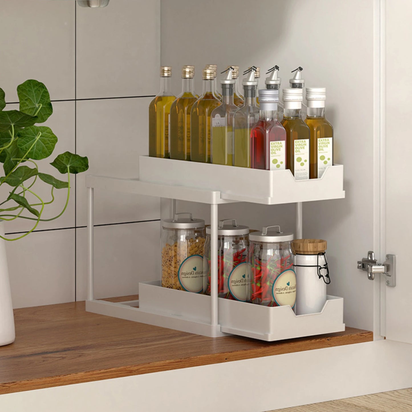 Double-Layer Pull-Out Kitchen Storage Rack, Non-Slip, Stable, Multi-Functional Storage Box with Five Hooks, under Sink Brush, Double-Layer Drawer Storage Rack, Suitable for Kitchen and Bathroom Countertop Sink Storage