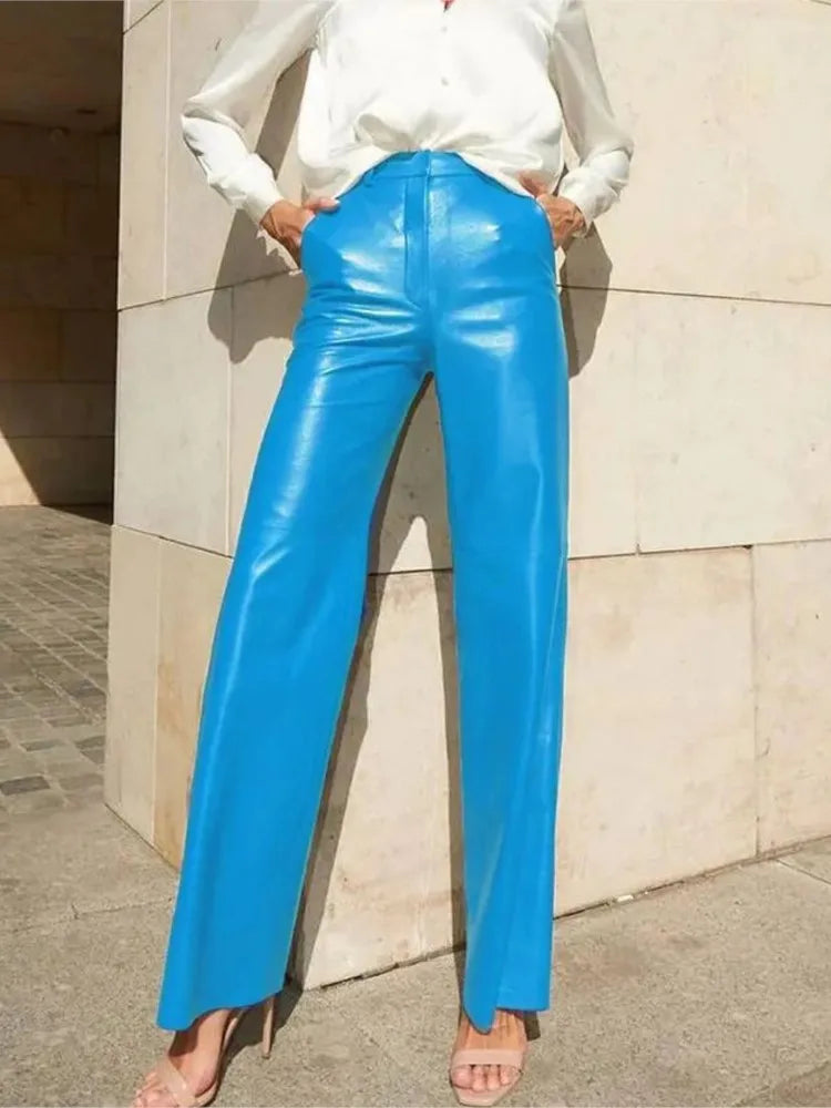 Fashion Solid Color PU Leather Pants Women 2025 New Trendy Lady Commuting Clothing High Waist Straight Trousers Women's Pants