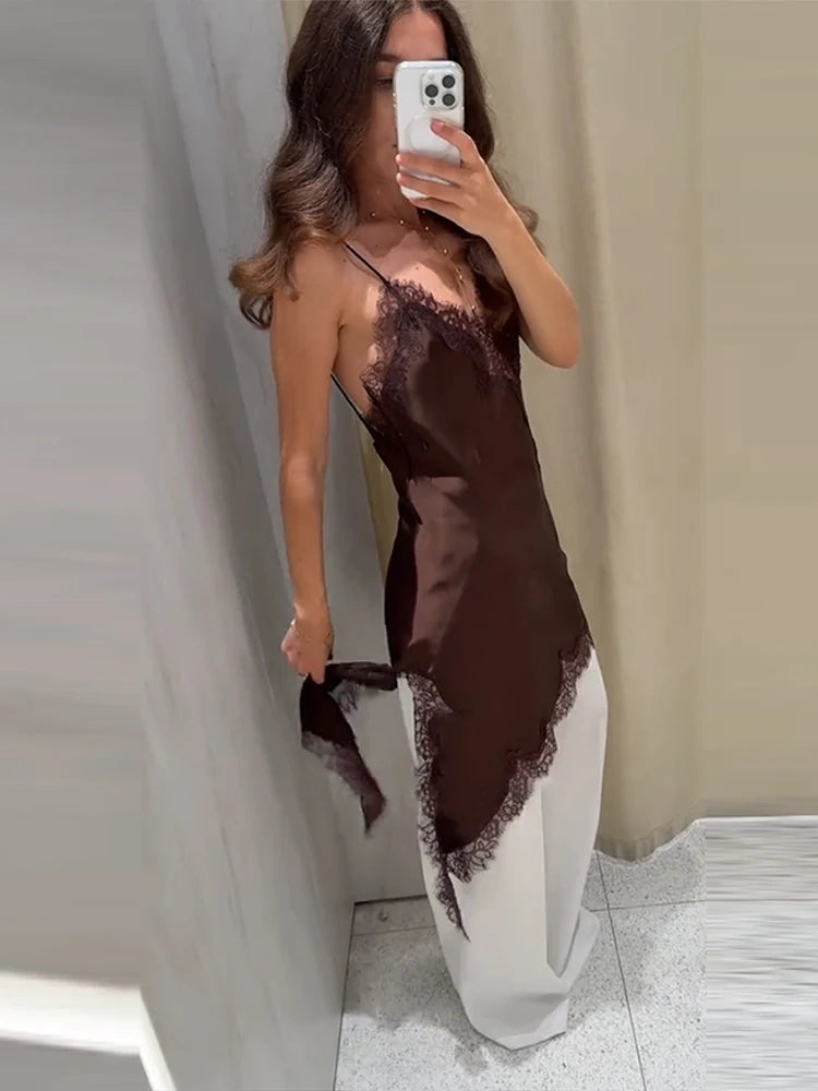 Lace Patchwork Slip Dress Women Sexy Sleeveless Backless Irregular Hem Party Evening Dresses Fashion Office Lady Streetwear New