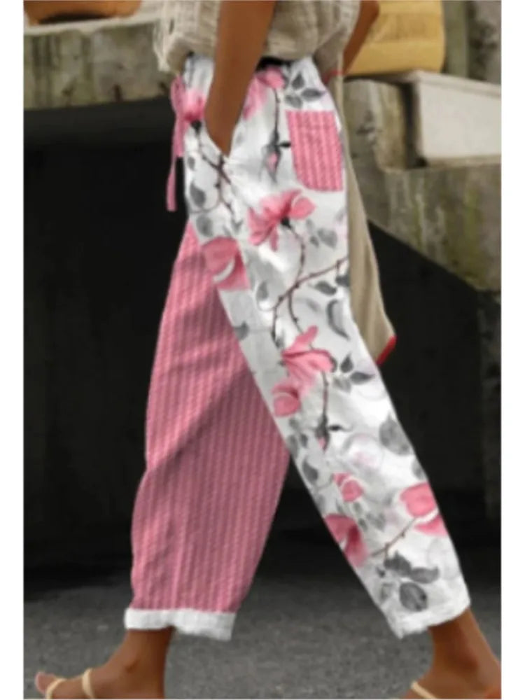 Casual Print Ankle-Length Pants For Women Fashion Mid Waist Straight Pants Lady Holiday Boho Beach Womens Clothing Spring New