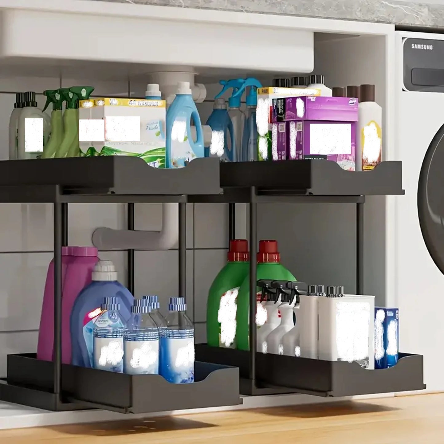 Double-Layer Pull-Out Kitchen Storage Rack, Non-Slip, Stable, Multi-Functional Storage Box with Five Hooks, under Sink Brush, Double-Layer Drawer Storage Rack, Suitable for Kitchen and Bathroom Countertop Sink Storage