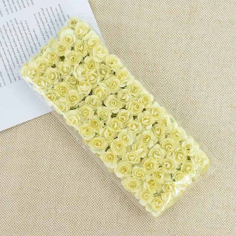 144pcs 2cm Artificial Mini Paper Rose Bouquet for Wedding Party Decoration Home DIY Wreath Gifts Scrapbooking Craft Fake Flowers