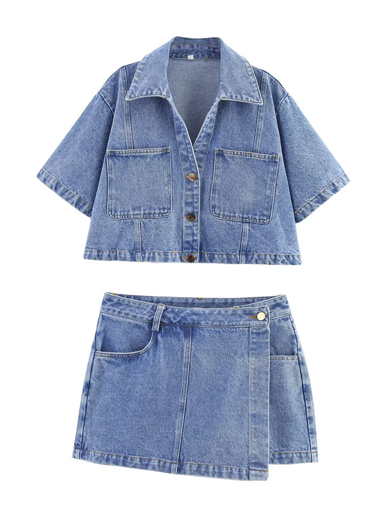 TRAF Women's Short Lapel Denim Shirt + Irregular Fashion Short Skirt Pants Vintage Casual Denim Suit Commuter High Street Suit