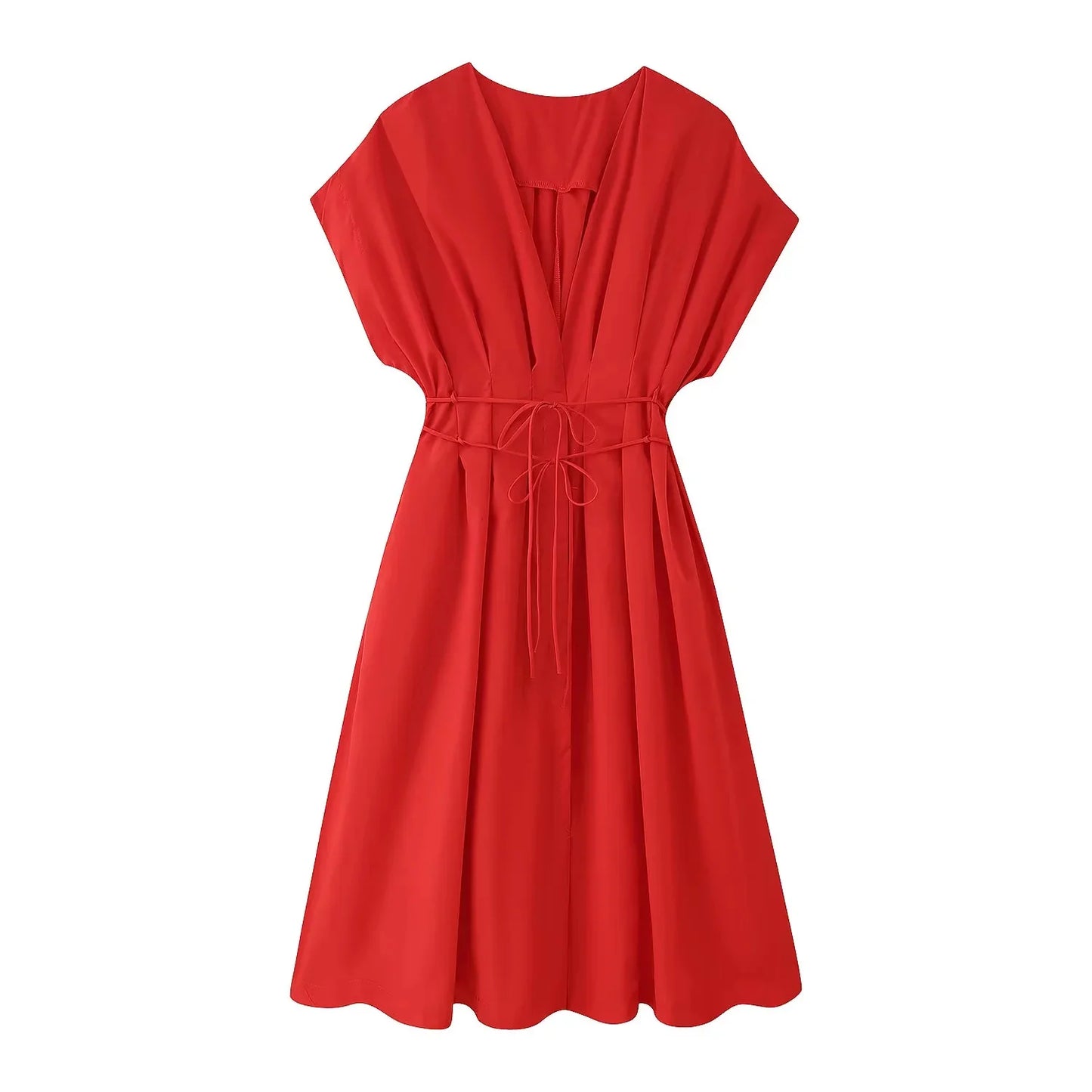 TRAFZA 2025 Spring Summer Vintage Women Dresses Fashion Single Breasted Sashes Draped V Neck Sleeveless Solid Ladies Dresses
