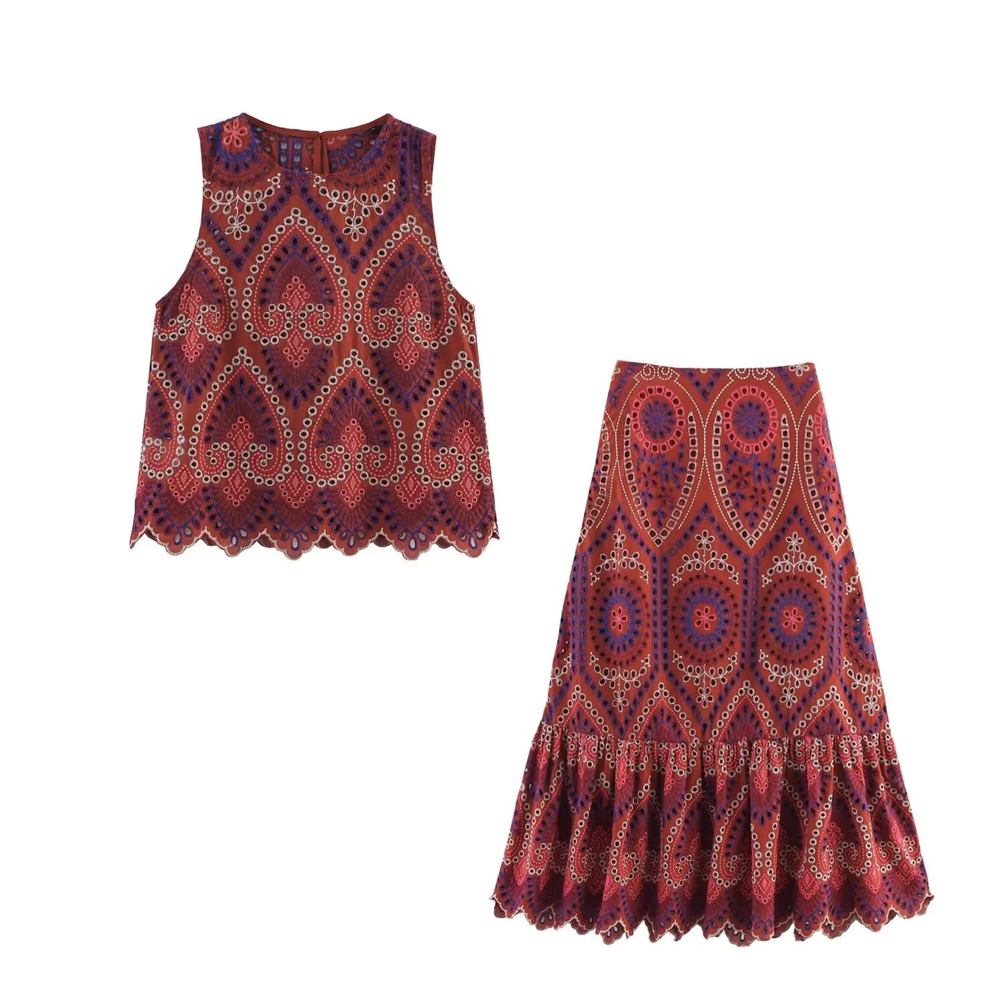 TRAF Women Embroidery Hollow Out Suit 2025 Summer Casual Chic O-Neck Fashion Sleeveless Top Long Skirt Fashion Suit