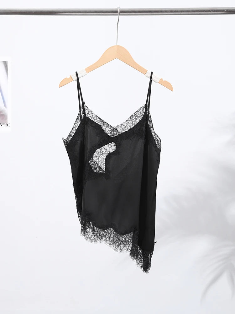 Sexy Lace Sling Tops Women Loose V Neck Sleeveless Backless See Through Top Female 2025 Summer Fashion Chic Solid Streetwears