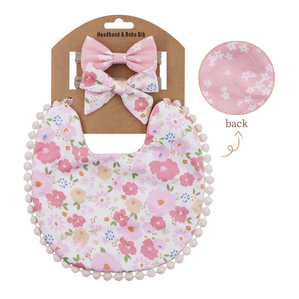 3Pcs/Set Flower Print Cotton Linen Baby Boy Girl Bibs Elastic Nylon Headband Double-Deck Saliva Towel Feeding Bandana Apron Burp