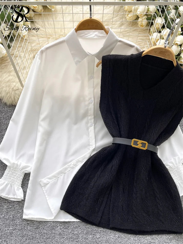 SINGREINY Korean Style Casual Tops Suits Lantern Sleeve Loose Shirt+Knitting Sweater Split Vest 2025 Women Autumn Basic Blouse