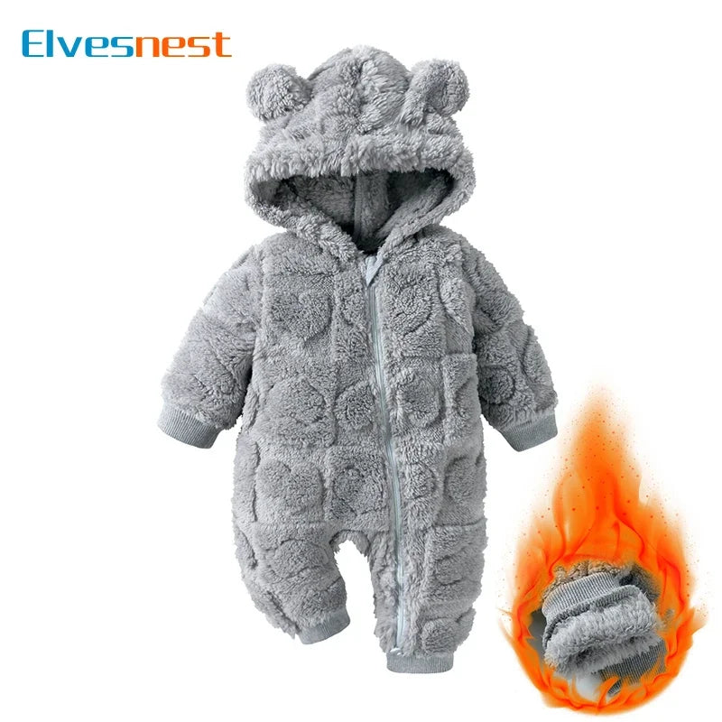 Cartoon Baby Clothes Boy Romper Long Sleeve Arctic Velvet Hooded Baby Girl Romper Winter Warm Newborn Clothes 0-18 Months