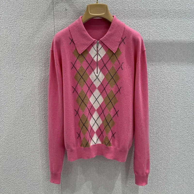 Early Spring Women Argyle Sweater Floral Embroidery Turn-Down Collar Long Sleeve Ladies Preppy Style Pullover 2580631