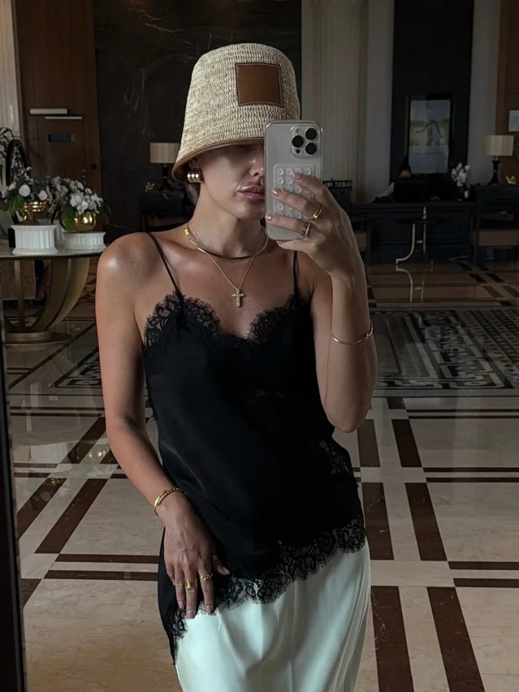 Y2K Sleeveless Backless Women Tank Tops Fashion Summer Lace Satin Patchwork Camisole Vest Chic New Evening Party Lady Top Street