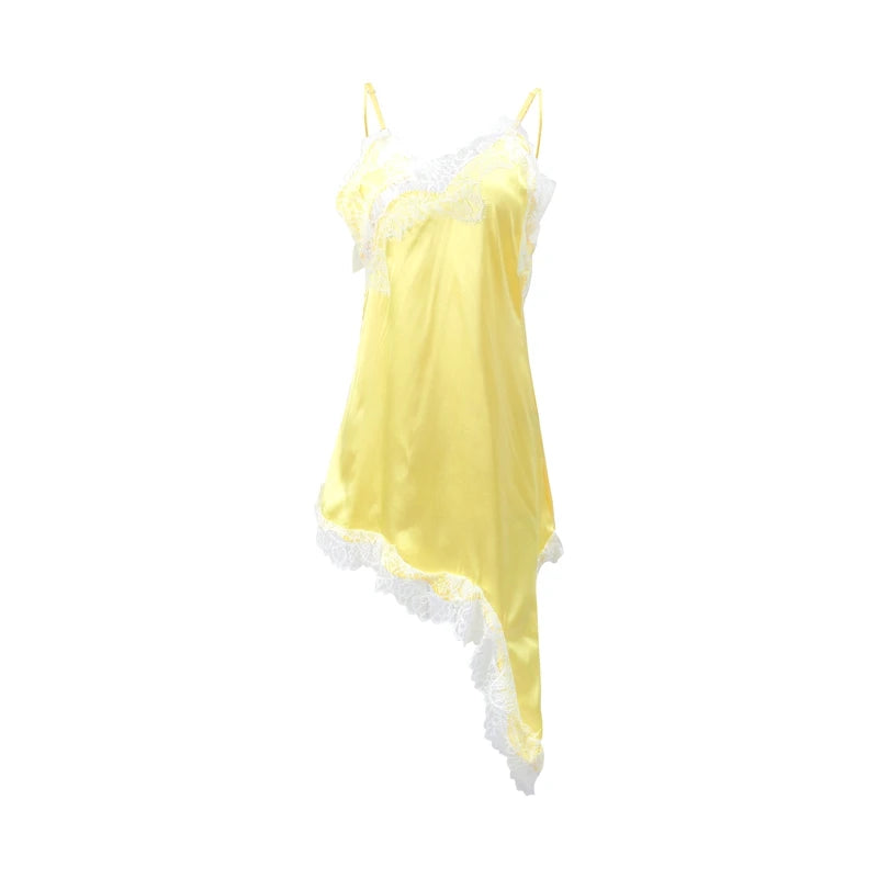 Sexy Sling Satin Dress Women V Neck Backless Patchwork Lace Vestidos Female 2025 Summer Chic Fashion Evening Party Dresses