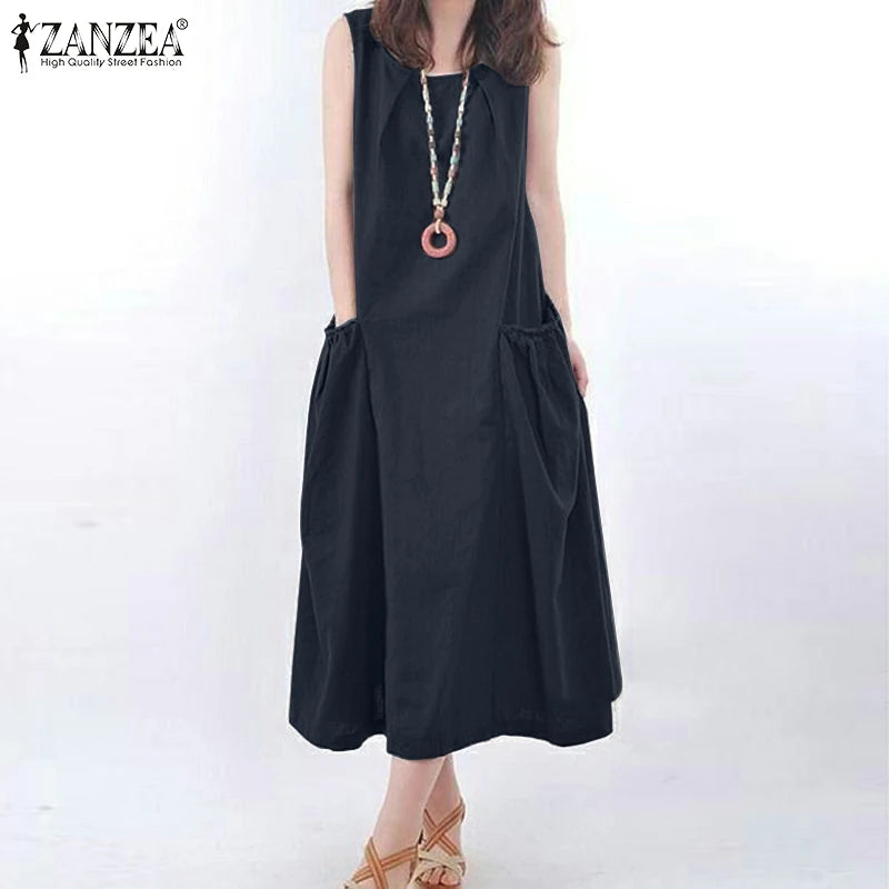 ZANZEA Summer Sleeveless Maxi Dress Women Fashion Work Holiday Sundress Casual Solid Color O-Neck Vestidos Midi Robe Oversize