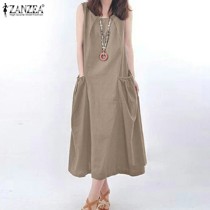 ZANZEA Summer Sleeveless Maxi Dress Women Fashion Work Holiday Sundress Casual Solid Color O-Neck Vestidos Midi Robe Oversize